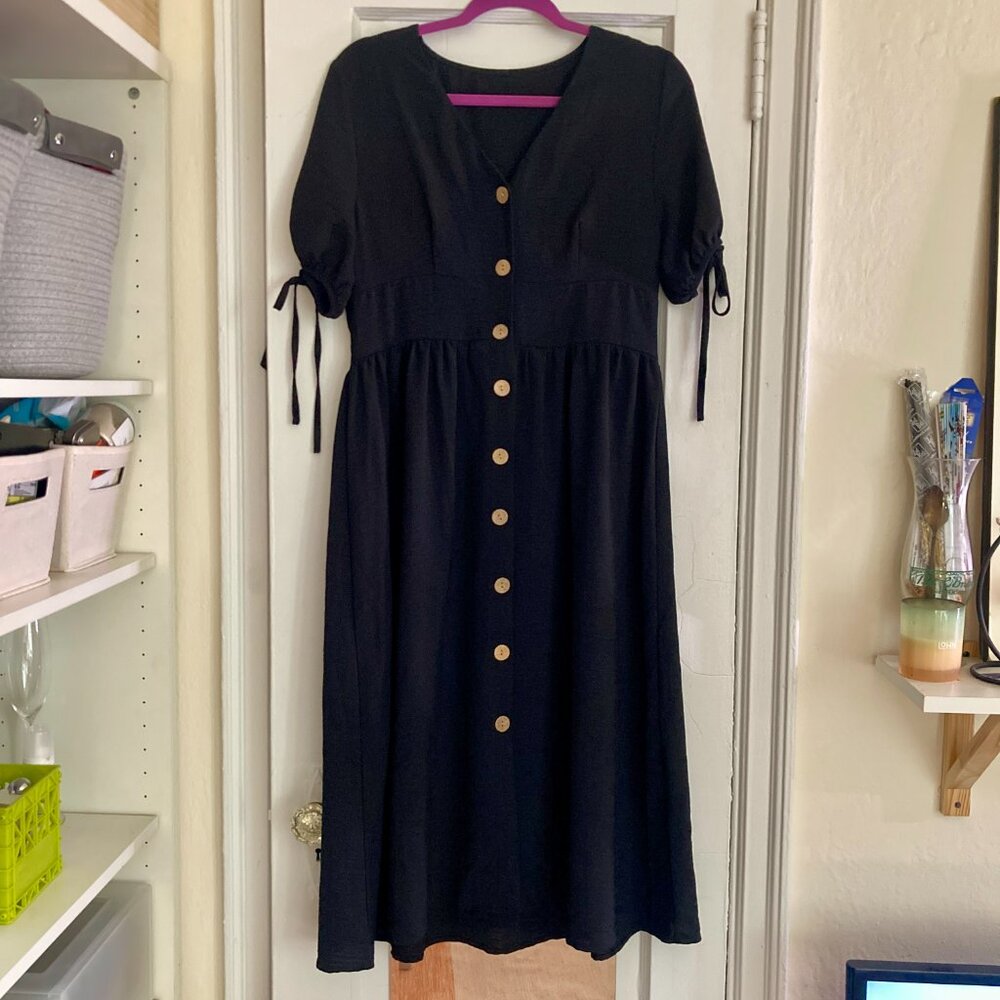 SHEIN Black Button Front Midi Dress Short Sleeve Tie Cuff Size L